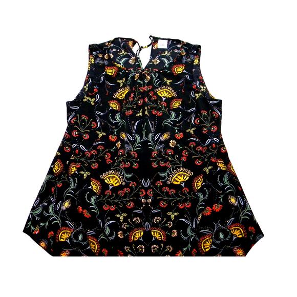 Cabi Sleeveless Black Floral Blouse Mirror Print Pleated Front Keyhole Back XL - Picture 1 of 4